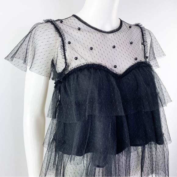Zara Women's Black Sheer Mesh Lace Layered Short Sleeve Ruffle Top Size XS - Picture 2 of 9